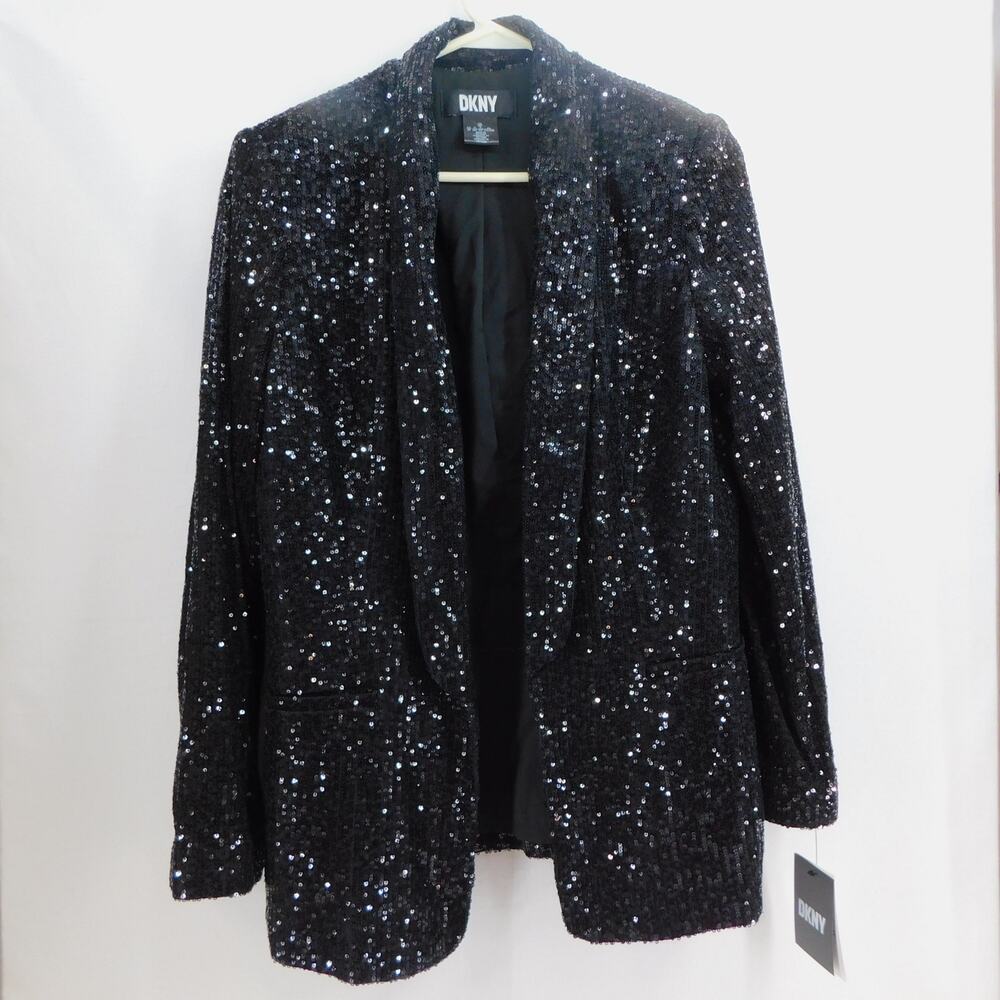 DKNY Women's Black Sequined Shaul-Collar Open Front Jacket New Size 8